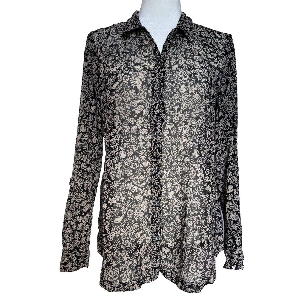 Anthropologie Hei Hei blouse womens S black ivory floral button front sheer boho